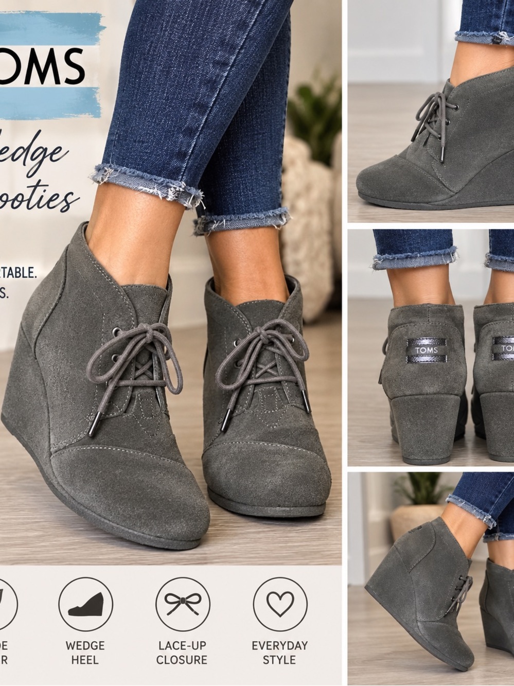 TOMS Gray Suede Wedge Ankle Booties Lace-Up Size 8